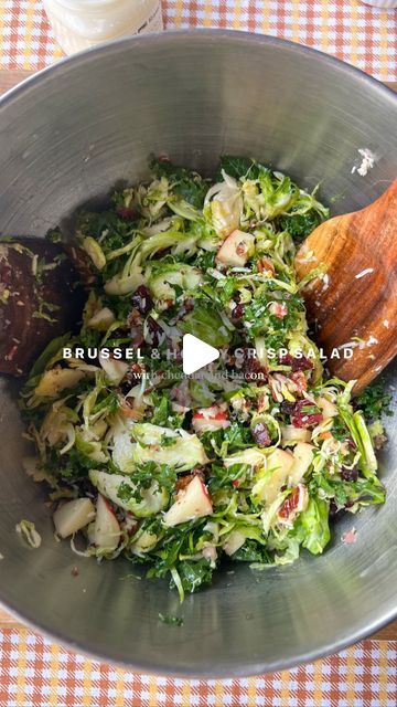 Hailey Pipher on Instagram: "BRUSSEL & HONEYCRISP SALAD 🍎🦃

episode 2 of my thanksgiving recipe series comes together with zero oven use and is a bright, fresh addition to your thanksgiving plate 💚

(serves 6)
For the salad:
1 lb shaved Brussel sprouts, buy pre shaved or use a mandolin slicer! 
1 bunch of kale, deveined & finely chopped 
3 tbsp extra virgin olive oil 
1 Tsp salt 
4 slices bacon, cooked & finely chopped 
1/4 cup cranberries 
1/3 cup finely grated sharp white cheddar 
1 honey crisp apple, cored & chopped
1/4 cup chopped pecans OR salted sunflower kernels 

For the dressing:
1 tbsp olive oil 
2 tbsp apple cider vinegar 
1 tbsp Dijon mustard 
2.5 tsp honey 
1 minced shallot
cracked black pepper & salt to taste 

1. Prepare your dressing by combing all ingredients in a seala Honeycrisp Salad, Honey Crisp Apple, Thanksgiving Plate, Shaved Brussel Sprouts, Honey Crisp, Thanksgiving Plates, Thanksgiving Recipe, Crisp Apple, Pepper Salt