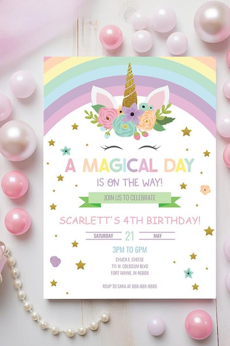 Magical Day Unicorn and Rainbows Birthday Invitation Birthday Party Unicorn, Bday Party Invitations, Rainbow Themed Birthday Party, Unicorn Invitation, Rainbow Birthday Invitations, Unicorn Themed Birthday Party, Unicorn Birthday Party Invitation, Birthday Party Design, Unicorn Birthday Invitations