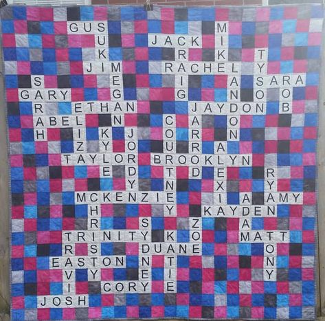 Are you looking to make the perfect family keepsake? See how I made this crossword puzzle quilt here! Crossword Puzzle Quilt Patterns, Family Reunion Quilt Ideas, Crossword Puzzle Quilt, Crossword Quilt Pattern, Scrabble Quilt Pattern, Family Quilt Ideas, Crossword Quilt, Scrabble Quilt, Quilt Guild Ideas