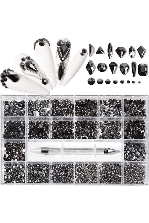 Yzzseven 12 Types of 600 Diamonds  2500 Flat Rhinestones Mix 20 Styles Flatback Rhinestone Crystals 3D Decorations Flat Back Stones Gems Set for for Nail Art DIY£¨Mine black£© Fashion Accessories Illustration, Nail Rhinestones, 3d Decor, Black Gems, Diy Nail Art, Gem Nails, Womens Nails, Crystal Nails, Rhinestone Nails