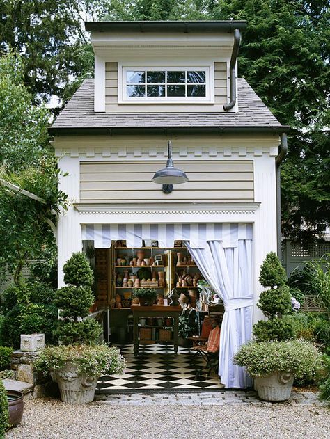 My garden shed, with its natural light and checkerboard floor, provides for a quiet and elegant work space. Thanks, Better Homes and Gardens, for making my dreams come true...at least on Pinterest! Shed Inspiration, Shed Playhouse, 카페 인테리어 디자인, Backyard Sheds, Potting Sheds, She Sheds, Have Inspiration, Backyard Retreat, Earthship