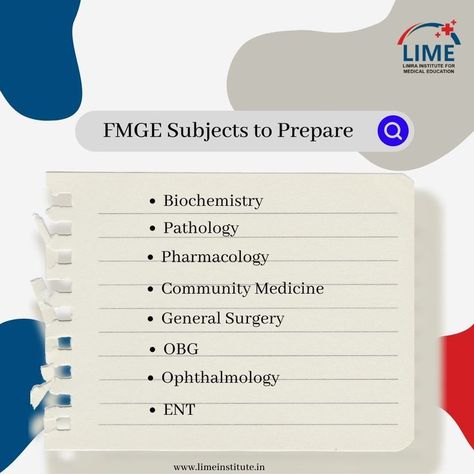 Prepare these subjects to pass the FMG exam. for more details about fmgexam, contact us. Click us: https://www.limeinstitute.in/mci-fmge-coaching-institute.php #fmge #fmgexam #fmgetips #fmgesubjects General Surgery, Coaching Institute, Medical Education, Biochemistry, Pharmacology, Subjects, Surgery, Contact Us, Coaching