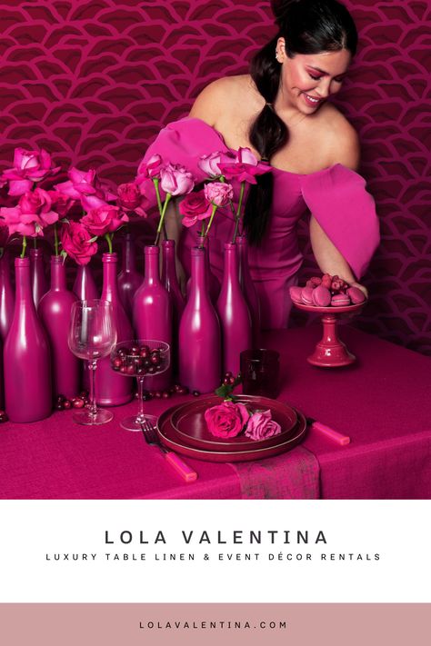 Planning your next big event? Look no further than our eye-catching monochromatic modern hot pink tablescape.This palette brings together different hot pink patterns and textures to mix and match in a way that will make your guests’ jaws drop. From table linens to napkins and even wallpaper, all of our products are handpicked and of highest quality. For all editorial, corporate, and special occasions – contact us at design@lolavalentina.com and let us take your event to the next level. Hot Pink Dinner Party, Hot Pink Tablescape, Hot Pink Party Decorations, Magenta Party, Purple Monochromatic, Floral Table Setting, Pink Tablescape, Pink Dinner, Cocktail Party Decor