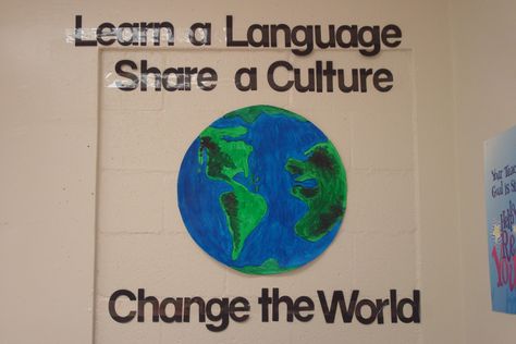 Bulletin board or classroom decoration for foreign language classroom.... Language Day Ideas, Esl Classroom Decor, Language Classroom Decor, Esol Classroom, Foreign Language Classroom, Spanish Classroom Decor, Language Classroom, Middle School Spanish, Dual Language Classroom