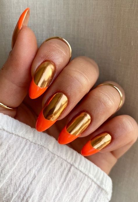 Nails With Orange Tips, Nails With Orange, Chrome Nail Design, Tip Nail Ideas, French Tip Nail Ideas, Orange Tips, Orange Chrome, Bling Makeup, Nail Design Glitter