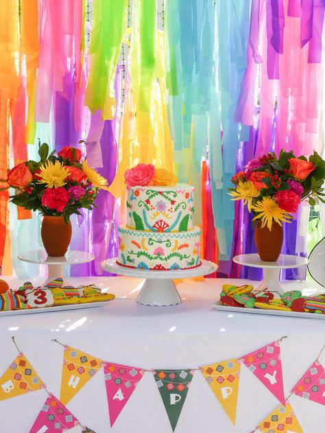 This colorful party was Inspired by Disney/pixas Coco movie! this Mexican fiesta cake, sombrero, cactus, pinata, and chili pepper cookies, along with fresh flowers and fun streamer backdrop is the way to party! #disneycoco #partyideas #fiesta #minteventdesign #pixar #disney #diy Fiesta Birthday Party Ideas, Cactus Pinata, Mexican Fiesta Cake, Pepper Cookies, Fiesta Cake, Streamer Backdrop, Fiesta Birthday Party, Fiesta Theme Party, Boda Mexicana