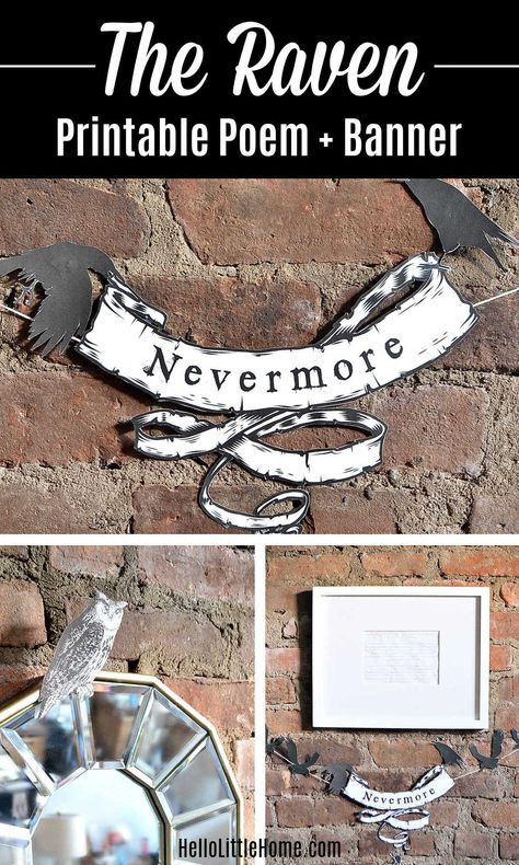 Are you a fan of Edgar Allan Poe’s poem “The Raven”? Then you’re going to love these FREE Raven Printables! This spooky Edgar Allan Poe Halloween Decor includes a printable “The Raven” Poem, Nevermore Banner, and Creepy Critter Images and Art. These Raven Halloween Decorations and Paper Crafts are the perfect addition to your spooky Halloween décor or for a party! | Hello Little Home Edgar Allan Poe Bulletin Board, Edgar Allen Poe Crafts, Raven Themed Party, Edgar Allen Poe Dinner Party, Raven Decor, Free Printable Banner, Girls Tea Party, Halloween Paper Crafts, Easy Halloween Decorations