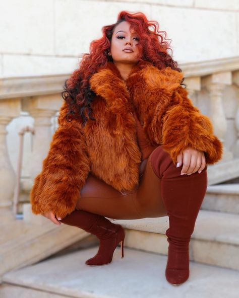 Fur Coat Photoshoot Ideas, Fur Coat Fashion Photography, Black Mesh Bodysuit, Orange Faux Fur Coat, Fur Coat Editorial, Fur Coat Fashion Editorial, Mesh Bodysuit, Fall Hair Color, Orange Hair