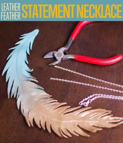 Leather Feather necklace DIY perfect for Fall season & Football Feather Necklace Diy, Statement Necklace Diy, Feathers Diy, Diy Statement Necklace, Leather Statement Necklace, Etched Jewelry, Leather Feathers, Homemade Necklaces, Diy Necklace Making