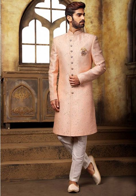 Peach Brocade Jacquard Nawabi Indo Western Long Choli Lehenga, Indo Western For Men, Indo Western Sherwani, Mens Wear Wedding, Angrakha Style, Sherwani For Men, Celebrity Gowns, Lehenga Wedding, Silk Bottoms