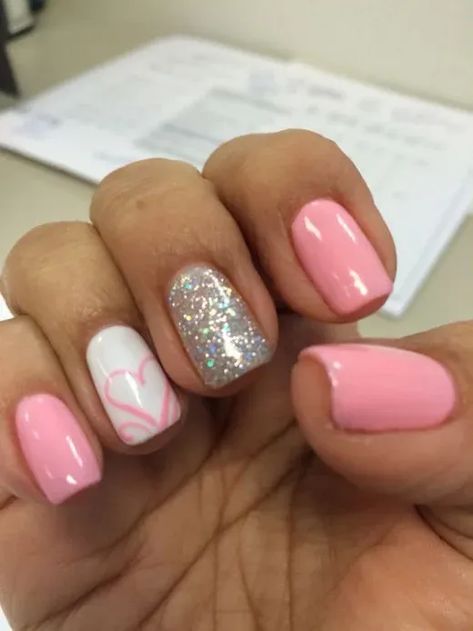 Valentine's Gel Nails, Cute No Chip Nails, Short Gel Nail Designs Valentines, Valentines Nail Art Designs Short, February Nails Short Square, Valentine Powder Dip Nails, Valentines Day Nails Gel Square, Valentines Day Nails For Kids, Valentine's Day Nail Ideas