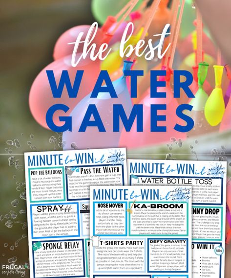 Get the kids outside and keep summer cool with these 16 Minute to Win It water games for kids. Summer will be a blast with the kids and their friends with these splashtastic wet and wild games this year! Add water to your favorite outdoor games for kids and keep cool and create summer fun. From water balloon games, to sponge relays to frozen t-shirt games. Laughter included. #FrugalCouponLiving Water Baloon Games, Balloon Games For Kids, Fun Water Games, Water Balloon Games, Outdoor Water Games, Relay Games, Balloon Games, Outside Games, Water Games For Kids