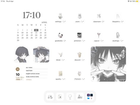 damn kinda ugly but Ipad Home Screen Layout Anime, Tablet Layouts Aesthetic, Ipad Homescreen Ideas Ios 17, Y2k Ipad Homescreen, Anime Ipad Layout, Ipad Decorations Ideas, Ipad App Layout, Ipad Widget Layout, Ipad Screen Layout