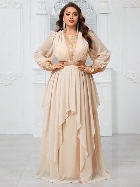 Plus Size Chiffon Splice Sequin Puff Lantern Sleeve Asymmetrical Ruffle Hem Elegant Party Evening Dress Champagne Party  Long Sleeve Chiffon Plain A Line Slight Stretch  Weddings & Events, size features are:Bust: ,Length: ,Sleeve Length: Affordable Formal Dresses, Elegant Party Dress, Plus Size Formal, Sequin Decor, Plus Size Formal Dresses, Elegant Party Dresses, Elegant Party, Plus Size Wedding, Dress Maxi