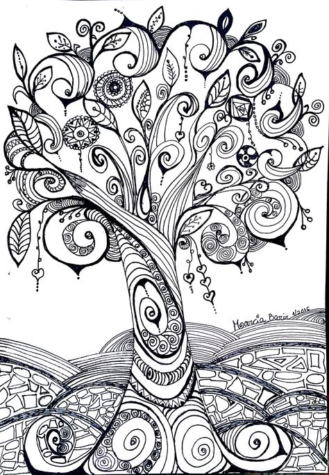 My tree doodle 16.1.2016 Tree Coloring, Coloring Pages Adult, Tree Doodle, Doodle Art Flowers, Tree Of Life Art, Tree Coloring Page, Zentangle Artwork, Zen Doodle Art, Doodle Art Drawing