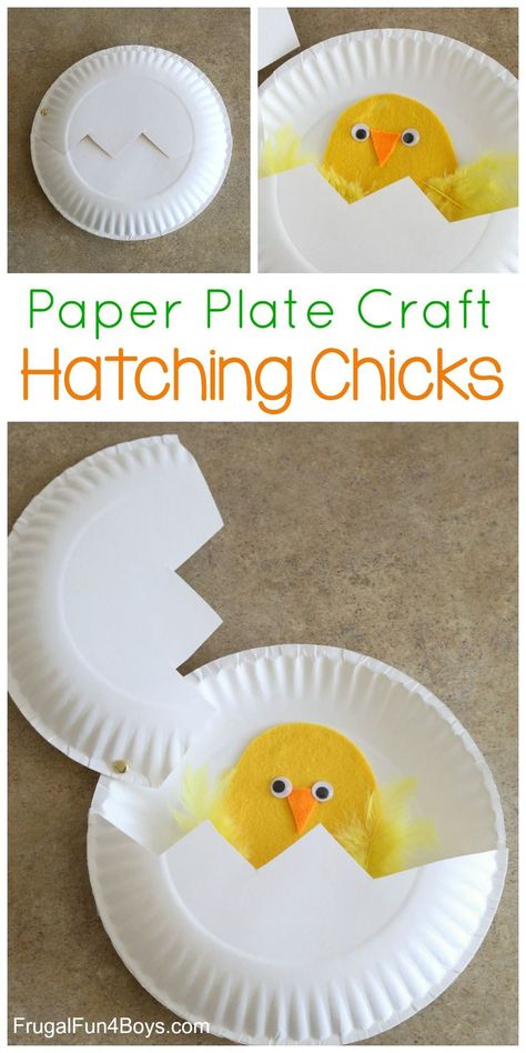 Paper Plate Craft: Hatching Chicks! – Frugal Fun For Boys and Girls Kunst For Barn, Preschool Spring, Paper Plate Craft, Easter Crafts For Toddlers, Paper Plate Crafts For Kids, Kraf Kertas, Hatching Chicks, Spring Preschool, Spring Crafts For Kids