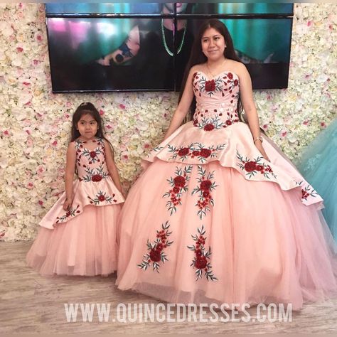 Quinceanera And Mini Quinceanera, Quinceanera Mini Me, Mini Quinceanera Dress For Kids, Quince Mini Me Dresses, Mini Me Quinceanera, Floral Charro Quinceanera Dresses, Mexican Quinceanera Dresses Quincedresses.com, Red Charro Quinceanera Dress Quincedresses.com, Purple Quince