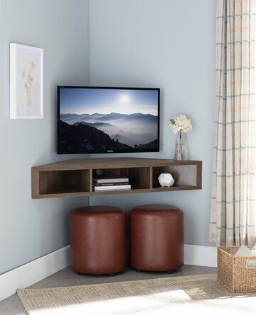 Corner Tv Unit Bedroom, Floating Corner Tv Stand, Corner Tv Ideas, Corner Tv Console, Corner Tv Cabinets, Wall Mounted Media Console, Bedroom Tv Wall, Small Condo, Floating Tv Stand