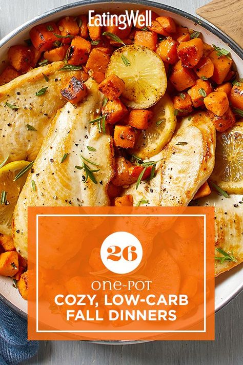 For tonight’s meal, make one of these cozy, low-carb dinner recipes. Each recipe is full of protein and vegetables while having no more than 15 grams of carbohydrates per serving. Plus, you only need one pot or pan to make these delicious dinners. #dinner #dinnerideas #supperideas #dinnerrecipes #healthydinnerideas #healthydinnerrecipes #healthyrecipes Potatoes And Mushrooms, Etouffee Recipe, Fall Dinners, Seasonal Vegetables, One Skillet Meals, Baked Asparagus, Chicken Sweet Potato, Carb Dinner, Fall Dinner Recipes