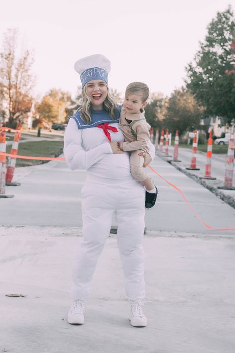 GHOSTBUSTERS FAMILY HALLOWEEN COSTUME – & it’s bump-friendly! - Taylor, Lately Ghostbusters Costume, Diy Ghost, Family Halloween Costume, Pregnancy Costumes, Ghost Diy, White Sweatpants, Puffy Paint, Ghost Busters, Trunk Or Treat