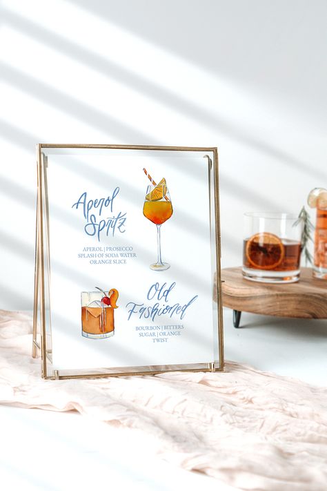 Signature bar sign with calligraphy brush lettering, aperol spritz and old fashioned Aperol Spritz Signature Drink Sign, Aperol Spritzer, Cocktail Engagement Party, Watercolor Cocktails, Signature Cocktail Menu, Stationary Wedding, Bday Dinner, Signature Drink Sign, Cocktail Sign