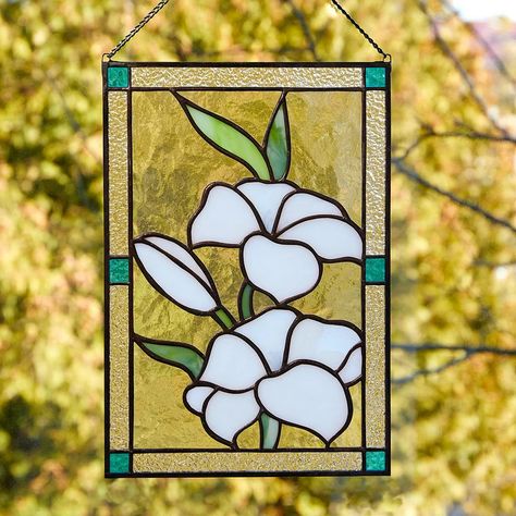 Lily Stained Glass Panel Flower Gift White Window Hanging - Etsy Lily Stained Glass Pattern, Floral Stained Glass Patterns, Flower Stained Glass, White Window, Stargazer Lily, Flower Window, Flower Panels, Panels Wall, White Windows