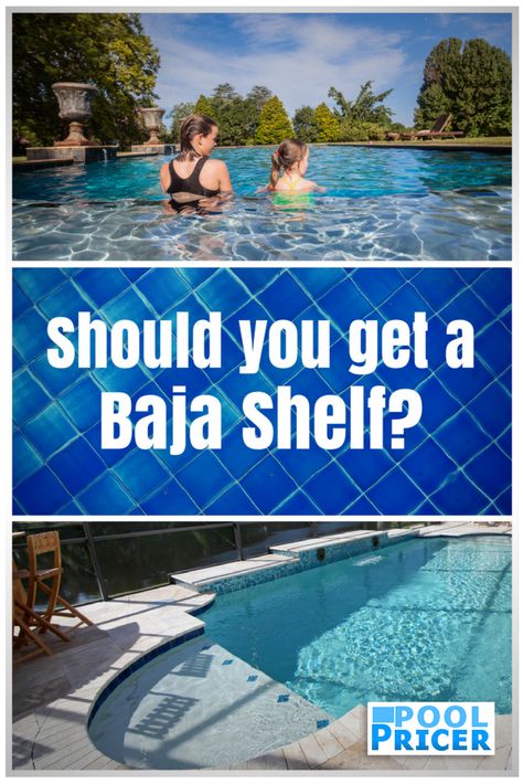 Pros and cons of the baja shelf (aka sun shelf or tanning ledge) Baja Shelf Pool, Swimming Pool Trends, Travertine Pool Decking, Home Shelves Ideas, Baja Shelf, Sun Shelf, Tanning Ledge Pool, Home Shelves, Inground Pool Designs