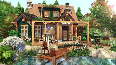 Cottage Living Sims 4 House, Sims 4 Artist House, Sims 4 Forest House, Cottage Living Sims 4, Sims 4 Eco House, Artsy House, Sims 4 Cottage Living, Sims 4 Cottage, Sims Inspiration