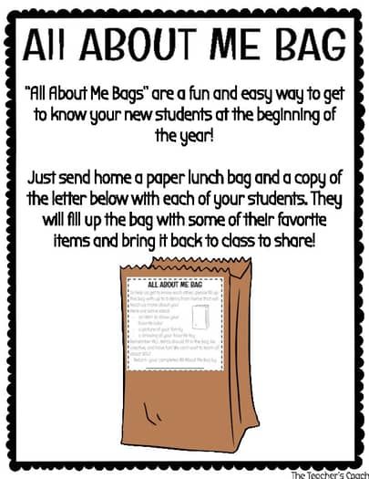 Back to School - All About Me Bag by The Teacher's Coach | TPT All About Me Bag Printable, All About Me Bags For Preschool, All About Me Bag, All About Me Printable, Me Bag, Letter Worksheets For Preschool, Welcome To School, Diy School, Coaching Teachers