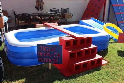 Wipeout obstacle course Obstacle Course Party, American Ninja Warrior Party, Kids Ninja Warrior, Backyard Party Games, Backyard Obstacle Course, Picnic Activities, Ninja Warrior Course, Kids Obstacle Course, Nerf Party