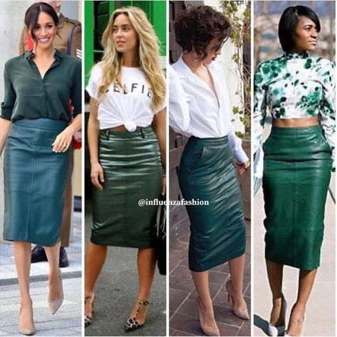 Dark Green Leather Skirt Outfit, Green Leather Dress Outfit, Leather Pencil Skirt Outfit Party, Green Leather Skirt Outfit, Green Pencil Skirt Outfit, Dress For A Concert, Green Leather Pencil Skirt, Pencil Skirt Outfits Winter, Leather Mini Skirt Outfit