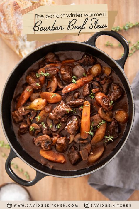 Get ready to cozy up with a big bowl of Bourbon Beef Stew - a hearty hug in a pot! This recipe takes tender chunks of chuck roast on a flavorful journey through pancetta, pearl onions, and mushrooms, all drenched in the rich embrace of bourbon and red wine. Simmer to perfection, and voila! This recipe serves 4-6 people. It's a thick and luxurious stew that pairs perfectly with crusty sourdough, blankets, and the chill of cold weather. This is the perfect winter warmer! Bourbon Beef Stew, Bolar Roast Recipes, Beef Chunks Recipes, Bourbon Beef, Pearl Onions, Brussels Sprouts Recipe, Braised Beef, Quick Healthy Meals, Chuck Roast