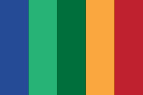 Blue Green Red palette color palette created by adsandoval92 that consists #264b96,#27b376,#006f3c,#f9a73e,#bf212f colors. Kidcore Palette, Red Blue Yellow Green Aesthetic, Red Blue Yellow Color Scheme, Red Palette Color, Kidcore Color Palette, Christmas Branding, Red Palette, Yellow Palette, Muddy Boots