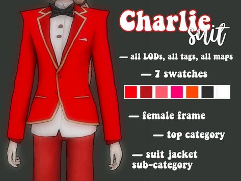 [morallee] Charlie suit (Hazbin Hotel x The Sims 4 Series) | Patreon Hazbin Hotel Sims 4 Cc, Sims 4 Cc Harrie Patreon, Sims 4 Cc Men Suit Patreon, Sims 4 Female Suit Cc, Sims 4 Cc Suits Female, Cc Finds, Ts4 Cc, Outfit Posts, Hazbin Hotel