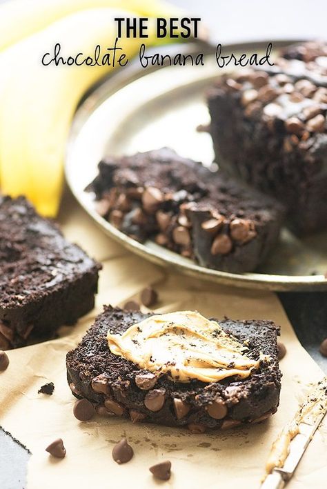 This chocolate banana bread recipe is seriously packing the chocolate flavor! It's super moist and those chocolate chips all over the top just make it fun to eat! Best Chocolate Banana Bread, Chocolate Banana Bread Recipe, Banana Bread Muffins, Chocolate Banana Bread, Snack Foods, Banana Bread Recipe, Instant Pudding, Banana Flavored, Quick Breads