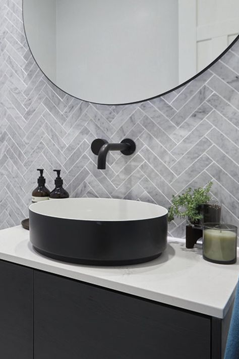 Grey Herringbone Tile, Tile Feature Wall, Interior Home Ideas, Herringbone Tile Bathroom, Powder Room Tile, Bathroom Makeover Ideas, Light Grey Bathrooms, Bathroom Feature Wall, Port Melbourne