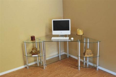 Clear Glass Corner Office Desk with Two Shelved Extensions Glass Corner Desk, Corner Writing Desk, Office Corner, Corner Desk Office, Corner Computer Desk, Desk Size, Glass Office, Office Computer Desk, Big Desk