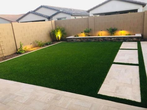 Gallery of Hardscapes Landscaping | The Yard Stylist Backyard Without Grass Ideas Patio, Landscape By Garage, Medium Yard Landscaping Ideas, Turf Landscape Ideas, Turf Backyard With Fire Pit, Small Backyard Turf Ideas, Turf Backyard Ideas Landscaping, Dirt Yard Ideas, Backyard Landscaping With Turf