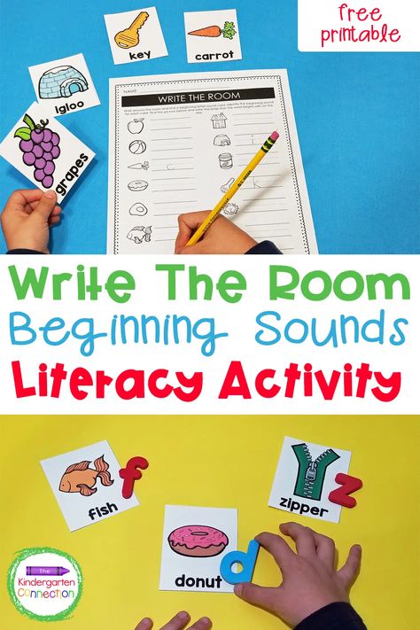 FREE Write the Room Beginning Sounds Activity for Kindergarten Write The Room Kindergarten Freebie, Kindergarten Write The Room, Fall Write The Room, Write The Room Kindergarten, Kinder Literacy Centers, Kindergarten Reading Centers, Pre-k Writing, Small Group Reading Activities, Writing Center Kindergarten