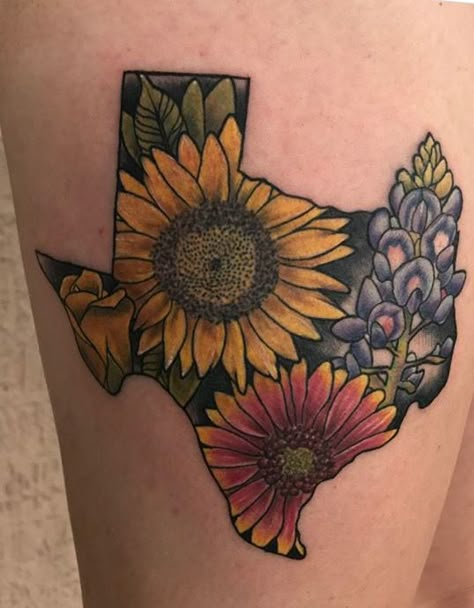 Wildflower Texas Tattoo! Created by the amazing Anthony Garcia at Last Angels in Dallas, TX!  Bluebonnet, sunflower, Indian blanket, yellow rose, texas Bluebonnet Tattoo, Texas Tattoo, Dallas Tattoo, Indian Tattoos, Yellow Rose Of Texas, Cowgirl Tattoos, Texas Tattoos, Texas Dallas, Sunflower Tattoos