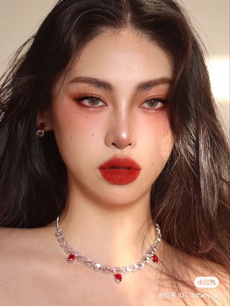 Asian With Red Lipstick, Red Soft Makeup, Aries Makeup Aesthetic, Pomegranate Makeup Look, Red Asian Makeup, Korean Red Makeup, Red Concert Makeup, Makeup For Prom Red Dress, Soft Red Makeup Looks