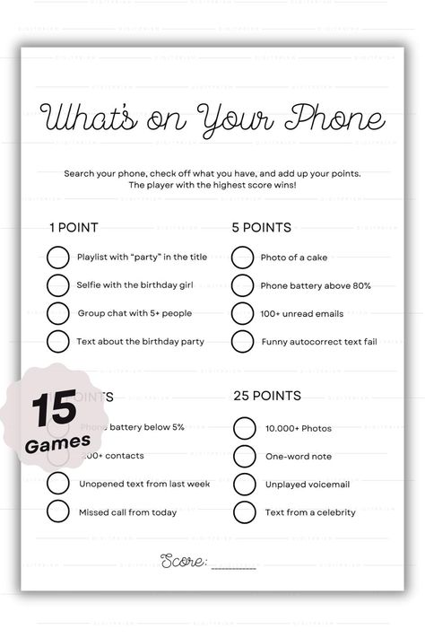 Fun Birthday Games for Her – Make Her Party Unforgettable! 🎉

Looking for the perfect way to celebrate? This printable birthday games bundle adds laughter and excitement to any party!

✅ 15 fun games like Finish the Phrase, Who Knows the Birthday Girl Best?, and Emoji Pictionary
✅ Instant Download – Print or play digitally on any device
✅ Multiple sizes (A4, A5, US Letter, 5x7)

🎁 No shipping – just print & play! Perfect for birthdays, girls’ nights, and unforgettable celebrations! Funny Autocorrect Texts, Fun Birthday Games, Printable Birthday Games, Emoji Pictionary, Photo Games, 13 Birthday, Text Fails, Minute To Win It, Adult Birthday Party