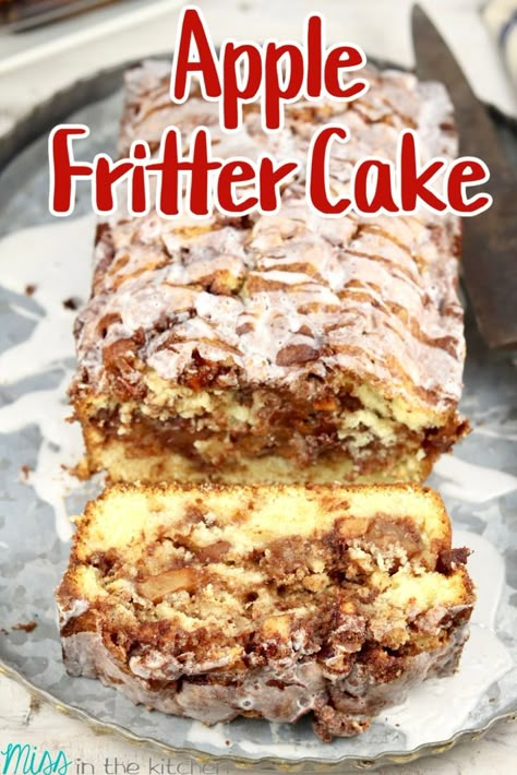 Apple fritter cake, sliced with drizzled icing. Apple Loaf Cake, Apple Fritter Cake, Cake Easy Recipe, Mini Loaf Cakes, Breakfast Coffee Cake, Powdered Sugar Glaze, Cake Tart, Coffee Cake Recipes Easy, Apple Fritter Bread