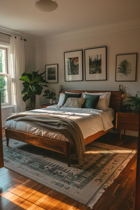 Mid-Century Modern Bedroom - Quiet Minimal Modern And Cozy House, Mid Century Modern Bedroom Lamp, Dark Wood Interior Design Bedroom, Bed Next To Dresser, Minimal Bedroom Inspirations, Mid Century Modern With Traditional, Master Bedrooms Cozy Romantic, Small Modern Bedroom Interior, Rug In Bedroom Ideas