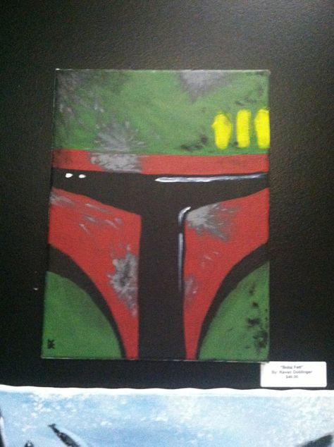 This is a really awesome painting of the greatest bounty hunter ever Boba Fett, that I saw at The Geek Easy in Winter Park, FL Nerdy Paintings, Star Wars Painting Easy, Boba Fett Painting, Hunter Painting, Star Wars Art Painting, Star Wars Art Drawings, Star Wars Painting, Disney Paintings, Star Wars Diy