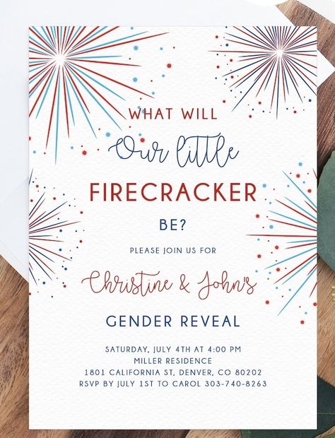 Fourth Of July Gender Reveal, Fire Work Gender Reveal Ideas, 4th Of July Gender Reveal, Firecracker Gender Reveal Party Ideas, Firework Gender Reveal Decorations, Red White And Due Gender Reveal Party, Firework Themed Gender Reveal, What Will Our Little Firecracker Be, Firework Gender Reveal