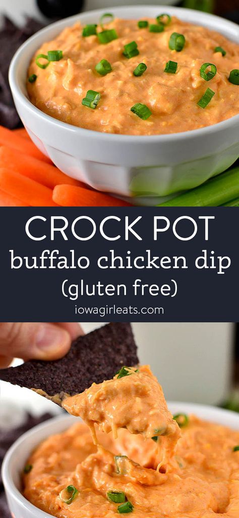 Crock Pot Buffalo Chicken Dip - Iowa Girl Eats Eat Appetizers, Crock Pot Buffalo Chicken, Gluten Free Dips, Dips Appetizers, Bunco Ideas, Buffalo Chicken Dip Crock Pot, Dip Recipes Hot, Crockpot Appetizers, Chicken Dip Recipe