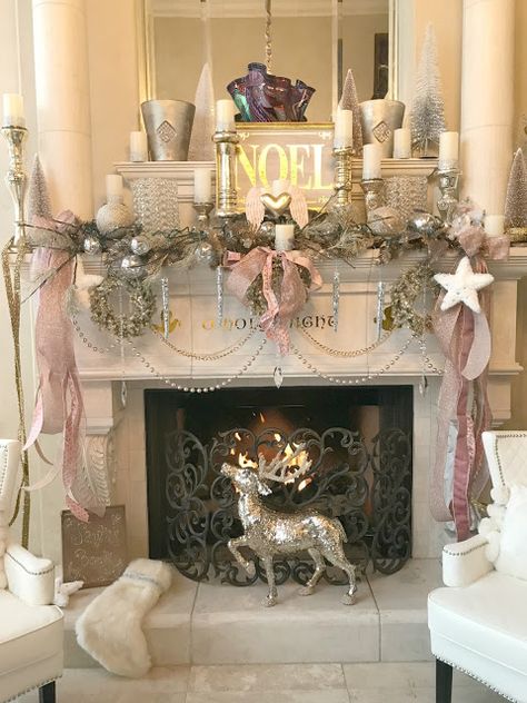 Great Room Christmas Tour 2017 - Purple Chocolat Home December Images, Rose Gold Christmas Decorations, Sparkly Christmas, Silver Christmas Decorations, Elegant Christmas Decor, Decorating For Christmas, Rose Gold Christmas, Glam Christmas, Christmas Fireplace Decor