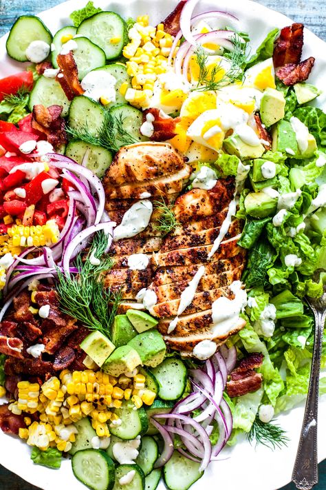 The Best Grilled Chicken Cobb Salad Chicken And Salad Dinner Ideas, Southwest Chicken Cobb Salad, Salad With Baked Chicken, Grilled Cobb Salad, Cobb Salad With Corn, Healthy Work Salads, Protein Cobb Salad, Rotisserie Chicken Cobb Salad, Summer Salad Recipes With Chicken