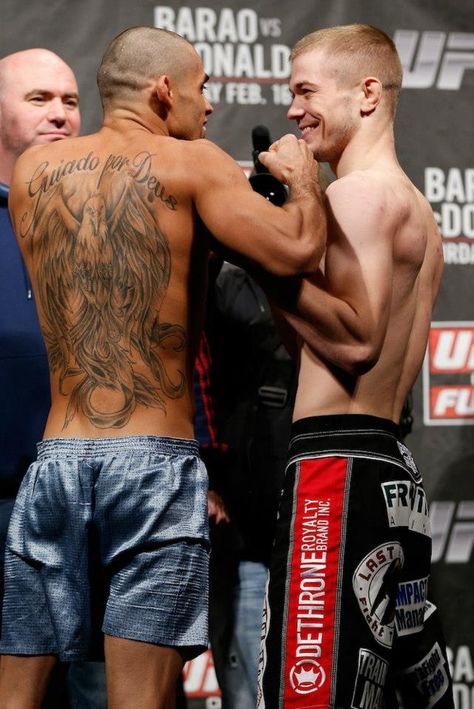 Interim champ Renan Barao and Michael McDonald face off during the UFC weigh-in on February 15, 2013 at Wembley Arena in London, England.    via: https://www.facebook.com/UFC Michael Mcdonald, Ufc Fighters, February 15, Face Off, Ufc, London England, In London, Sumo Wrestling, England